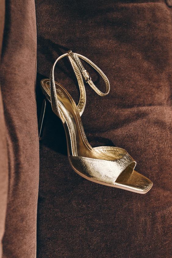 Zara 漆皮飾面高跟涼鞋 - 金色 - 圖片 0