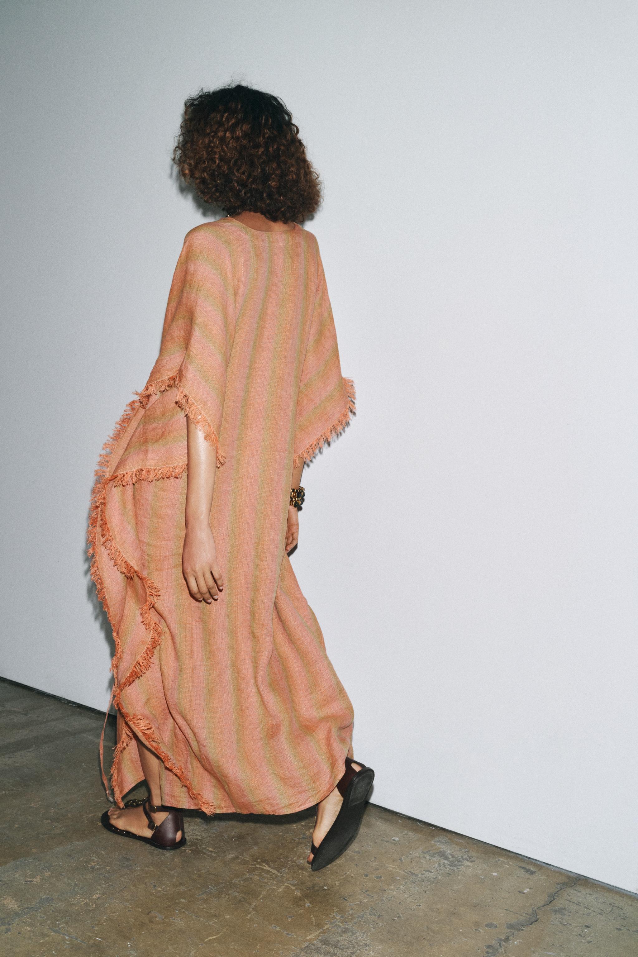 ZARA KAFTAN リネン100% ストライプ ZW COLLECTION 3406/182 ZARA WOMAN 100% LINEN STRIPED KAFTAN DRESS MULTICOLOURED