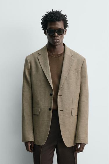 HOUNDSTOOTH LINEN-COTTON BLAZER - Sand by Zara