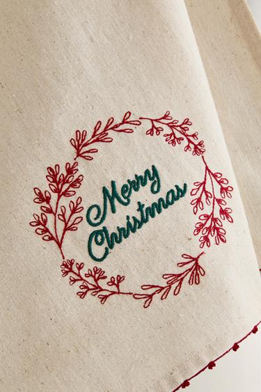 COTTON EMBROIDERED CHRISTMAS TEA TOWEL - Red by Zara - Image 2