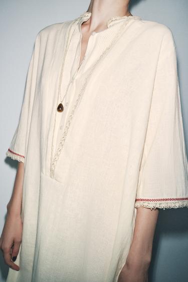 CAFTAN AVEC LIN CONTRASTE ÉDITION LIMITÉE - Blanc cassé de Zara - Image 3
