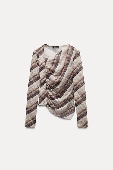 CAMISETA DRAPEADA TUL CUADROS - Khaki de Zara