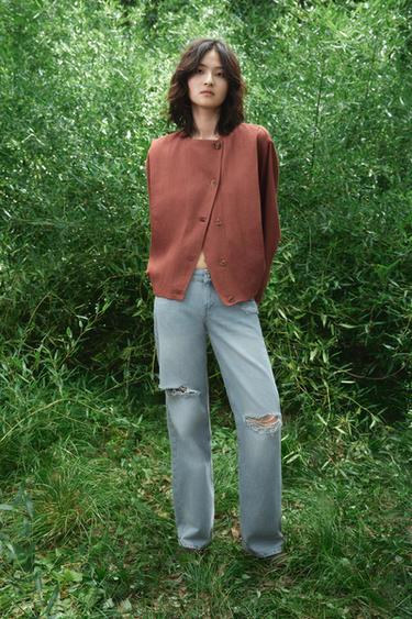 Zara 亞麻混紡飛行員外套 ZW 系列 - 磚紅色 - 圖片 0