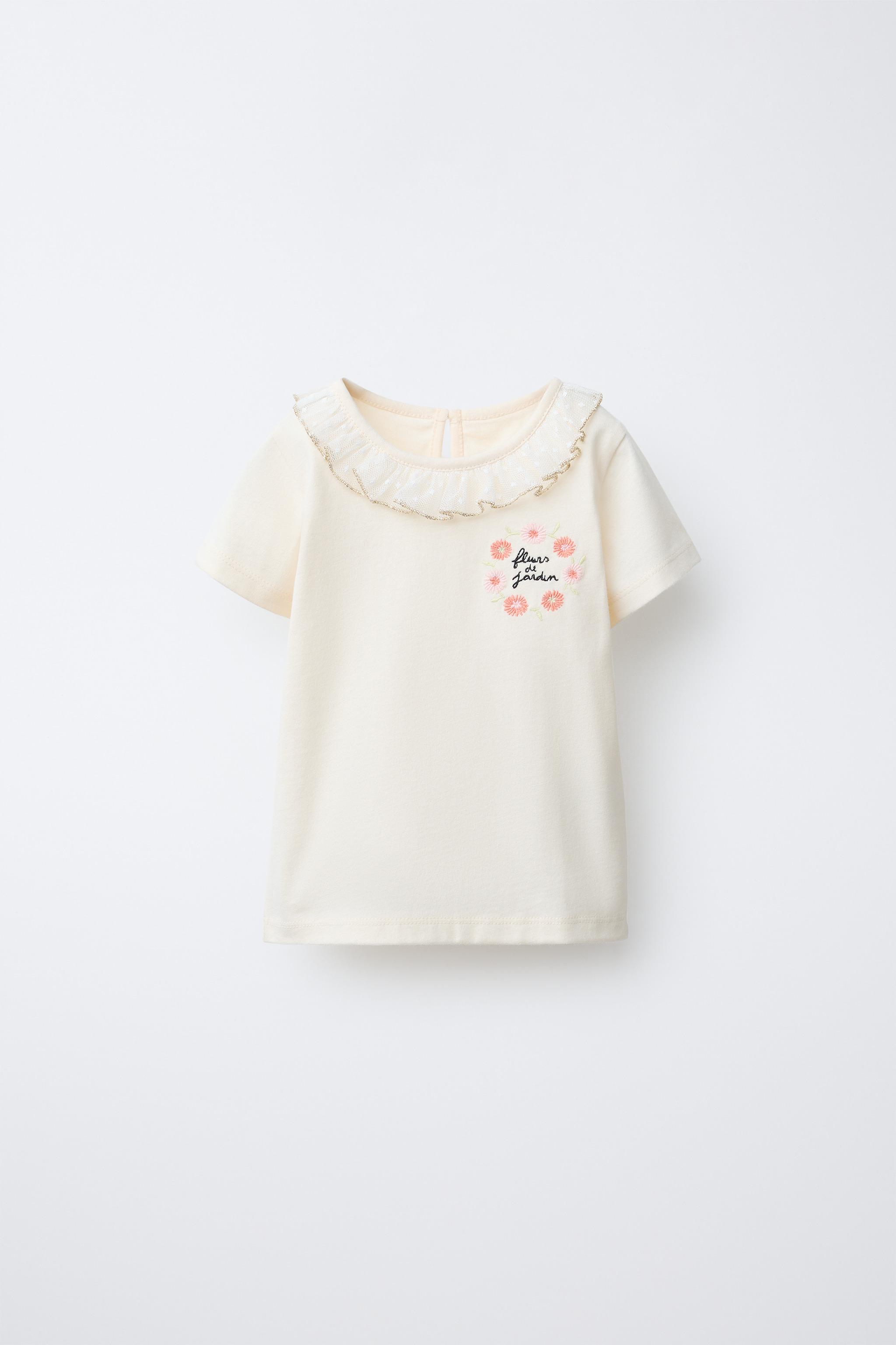 EMBROIDERED SWISS DOT COLLAR T-SHIRT — Ecru