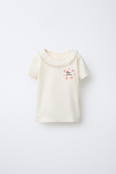 DOTTED MESH COLLAR AND EMBROIDERED T-SHIRT - Ecru by Zara - Image 0
