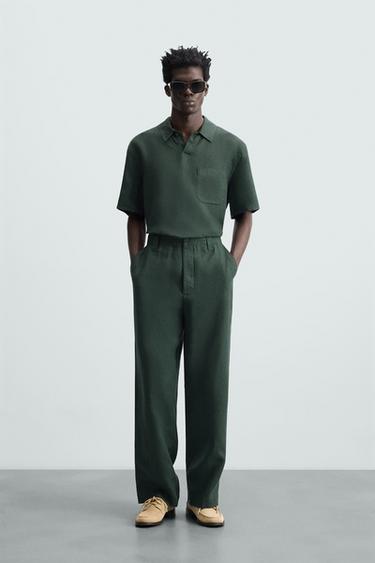 100% LINEN STRAIGHT-LEG TROUSERS - Dark bottle green by Zara - Image 0