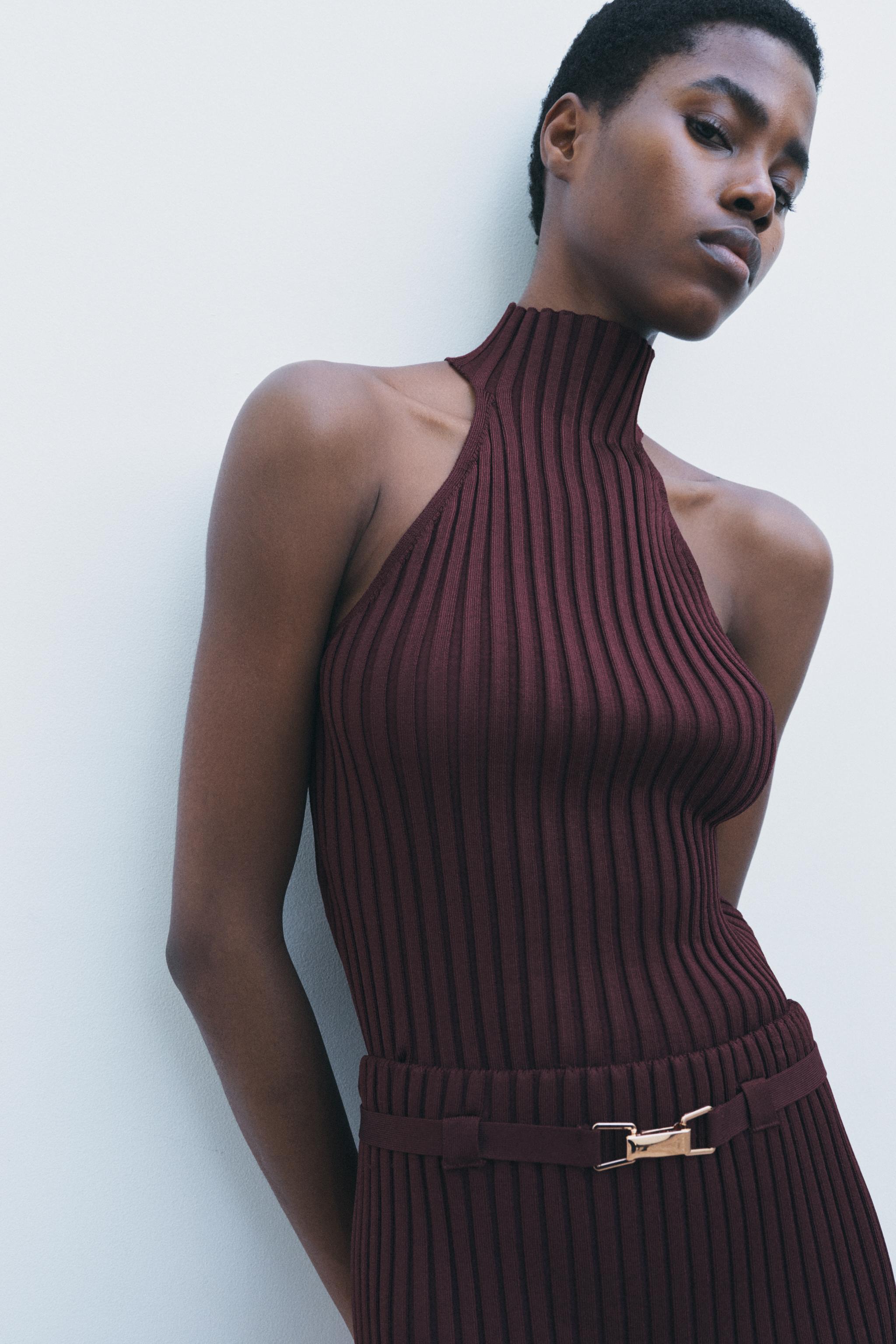 RIBBED KNIT HALTER TOP - Maroon | ZARA Canada