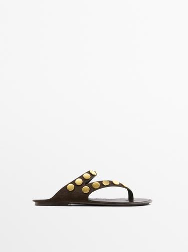 Zara Split leather sandals with studs - Brown - Image 0