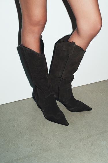 Zara SPLIT LEATHER HEELED BOOTS - Brown