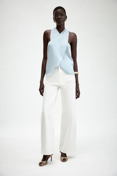 Zara SATIN HALTER TOP - Sky blue