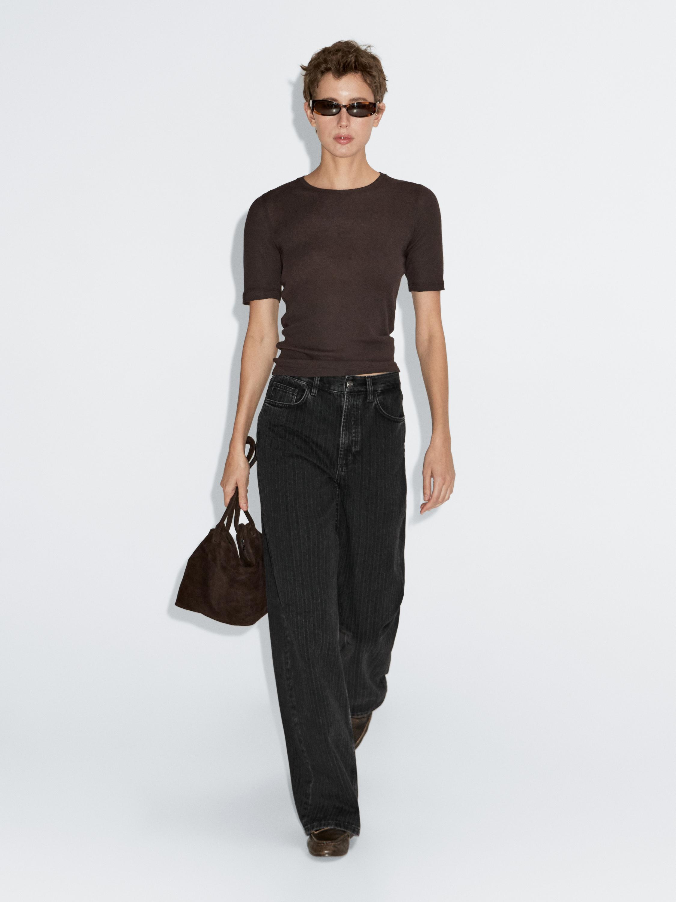 Jean straight taille haute à rayures