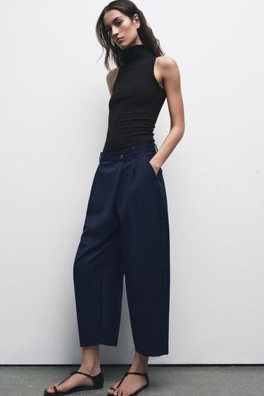 CROPPED TROUSERS WITH WRAP WAIST - Navy blue by Zara