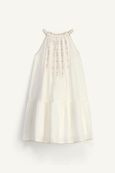 Zara LIMITED EDITION HALTER EMBROIDERED FLORAL DRESS - White