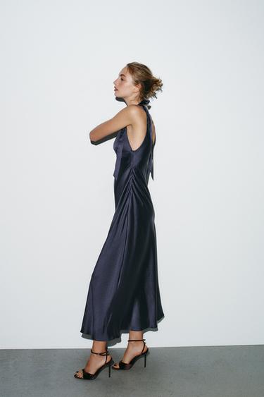 ROBE MIDI SATINÉE À NŒUDS - Bleu marine de Zara - Image 3