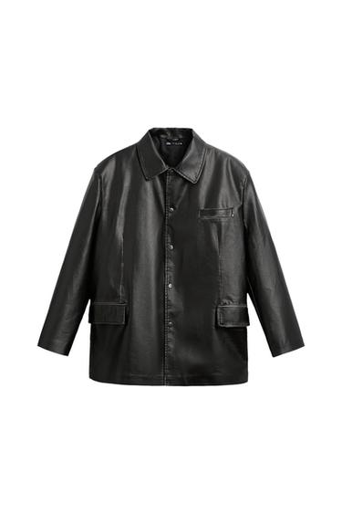 Front view of a black jacket with a lapel, front flap pockets with a button.