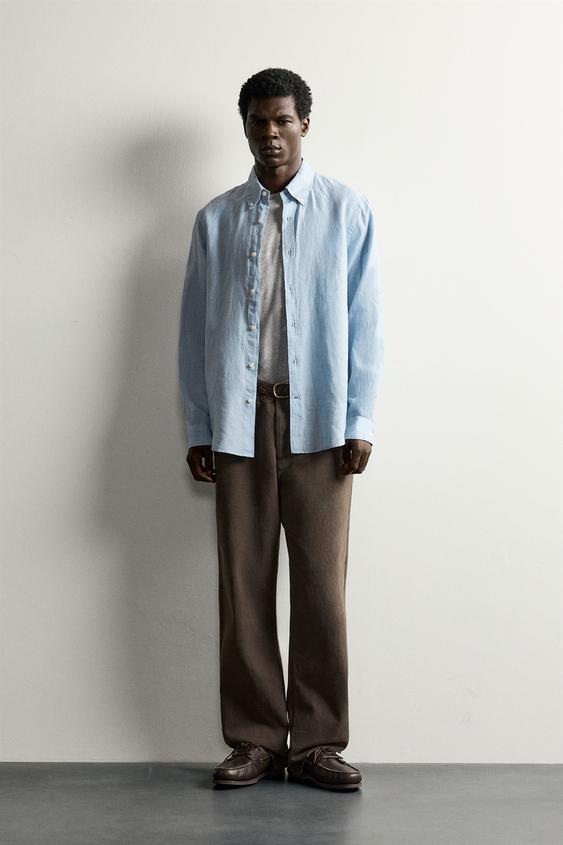 CAMISA REGULAR FIT 100% LINO - Celeste lavado de Zara - Imagen 0
