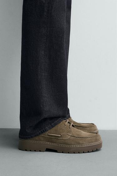 SAPATO NÁUTICO DE COURO - Cinza-toupeira da Zara - Imagem 0