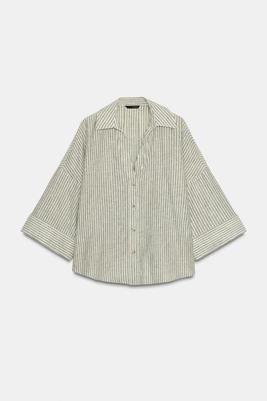 STRIPED LINEN BLEND SHIRT - Green / Ecru by Zara
