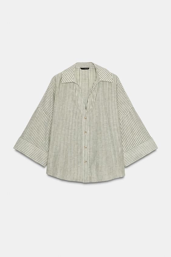 STRIPED LINEN BLEND SHIRT Green Ecru ZARA Australia striped-linen-blend-shirt-green-ecru-zara-australia