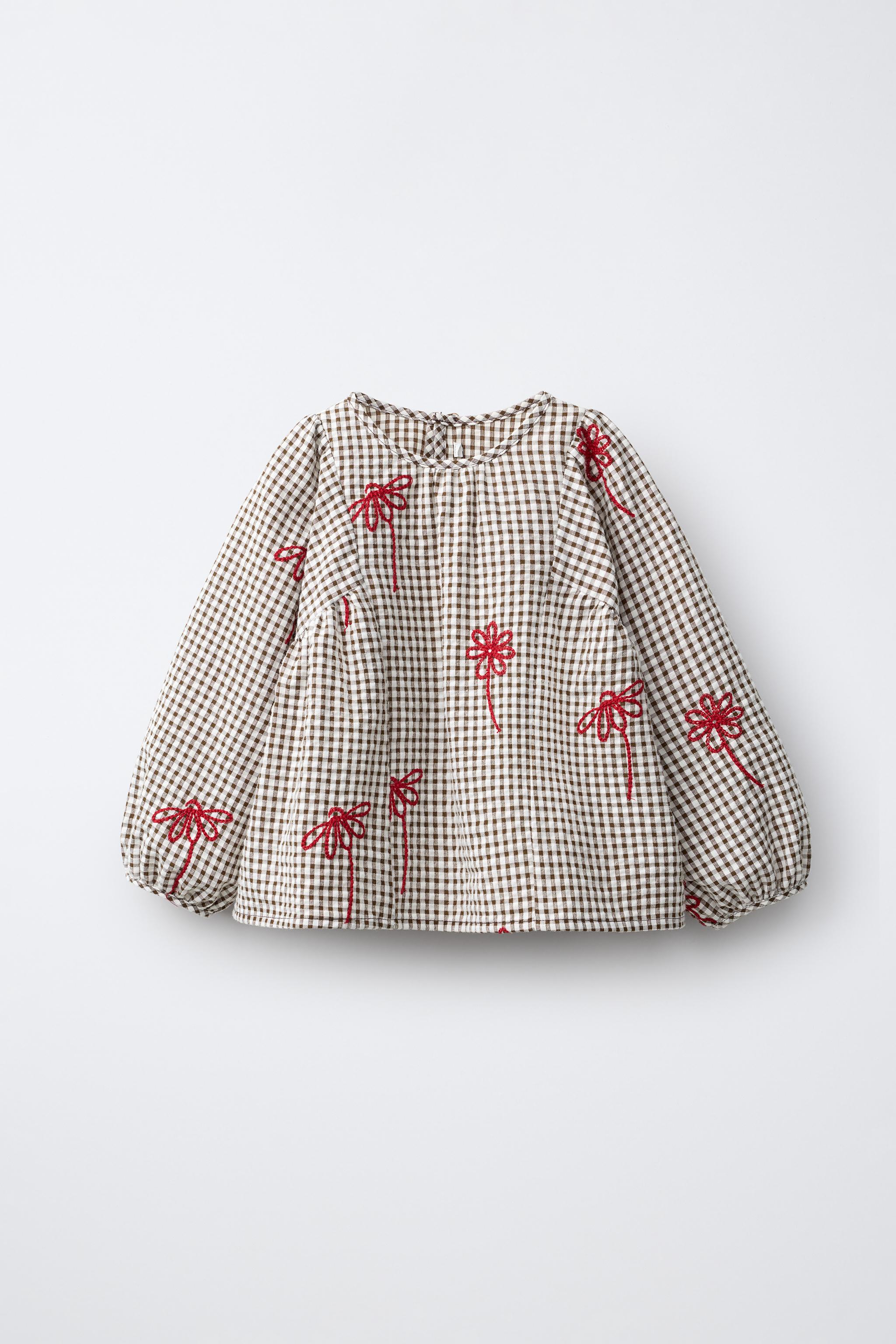 PLAID SHIRT WITH EMBROIDERED FLOWERS — Chocolate