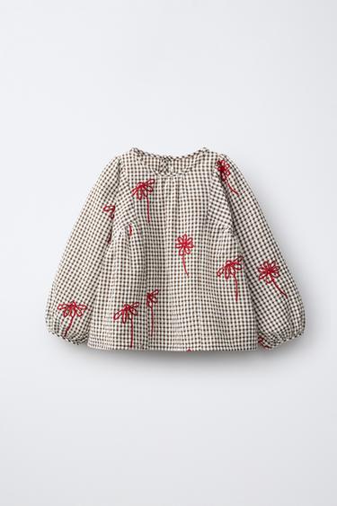 CHEMISE À CARREAUX ET FLEURS BRODÉES - Chocolat de Zara