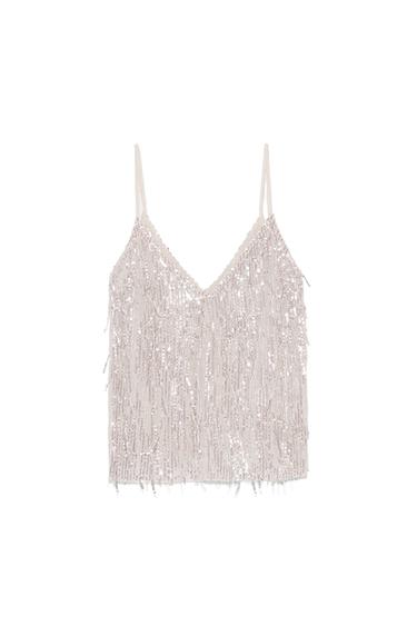 SEQUINNED T-SHIRT WITH FRINGE