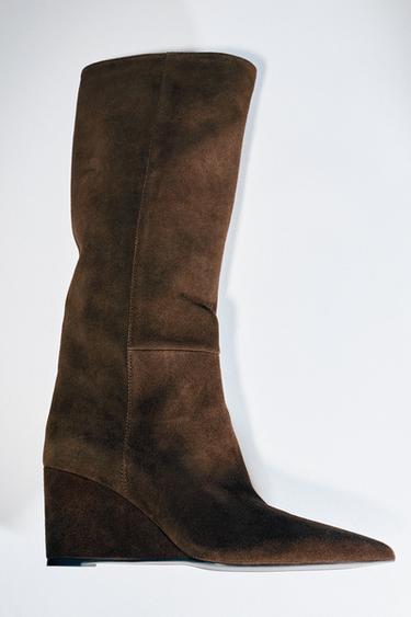 Zara SUEDE WEDGE BOOT - Brown