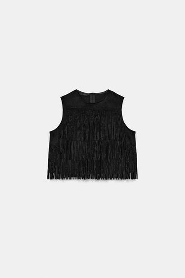 STUDDED FAUX SUEDE FRINGE TOP - Black by Zara - Image 5