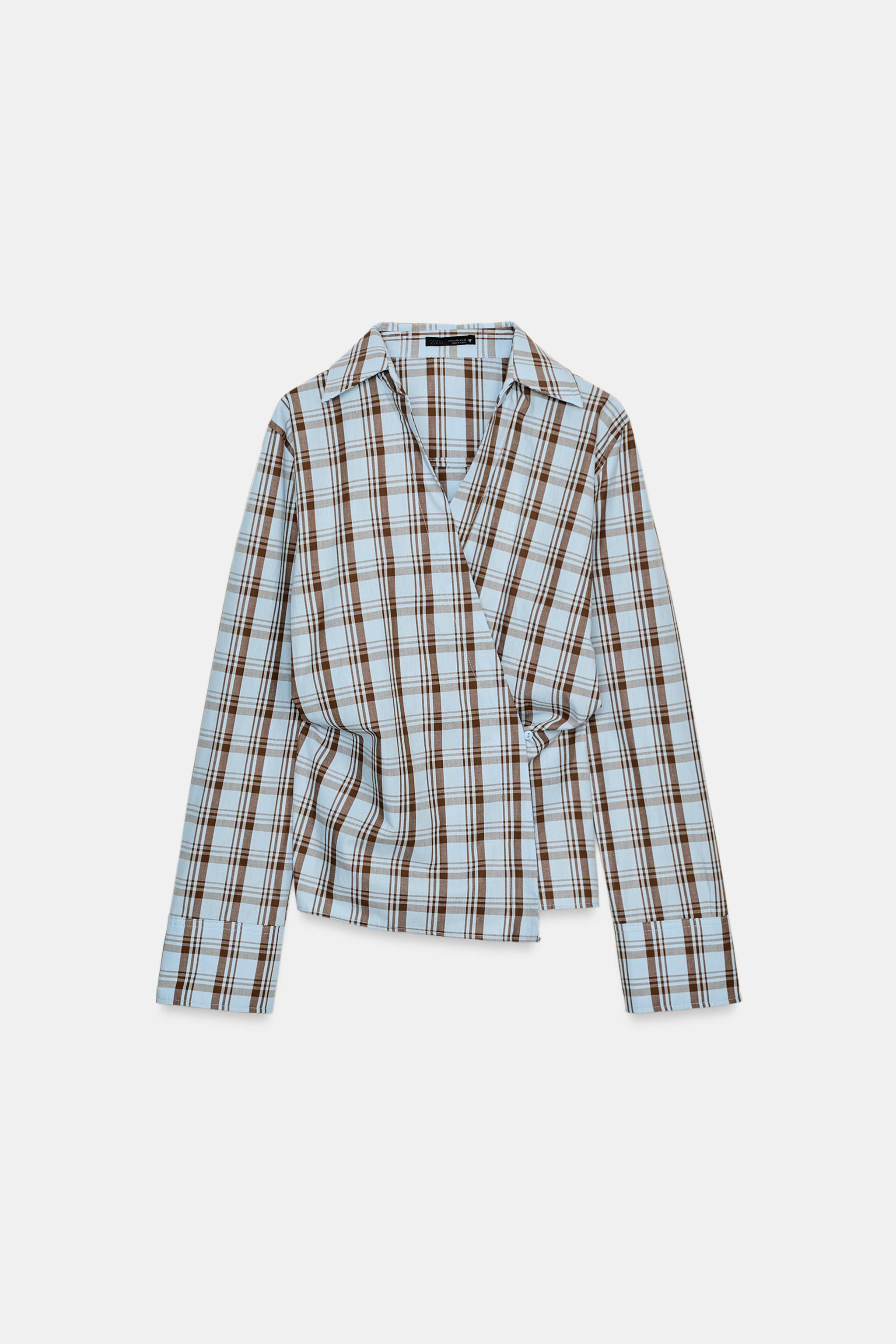 PLAID WRAP POPLIN SHIRT - Brown-Blue | ZARA Canada