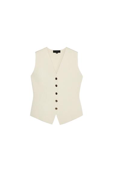 Front view of a cream-coloured waistcoat with central button fastening.