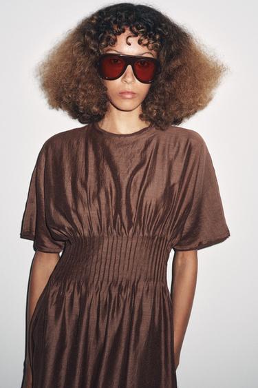 PLEATED WAIST KNIT DRESS WITH MATCHING DETAIL - Brown by Zara - Image 1