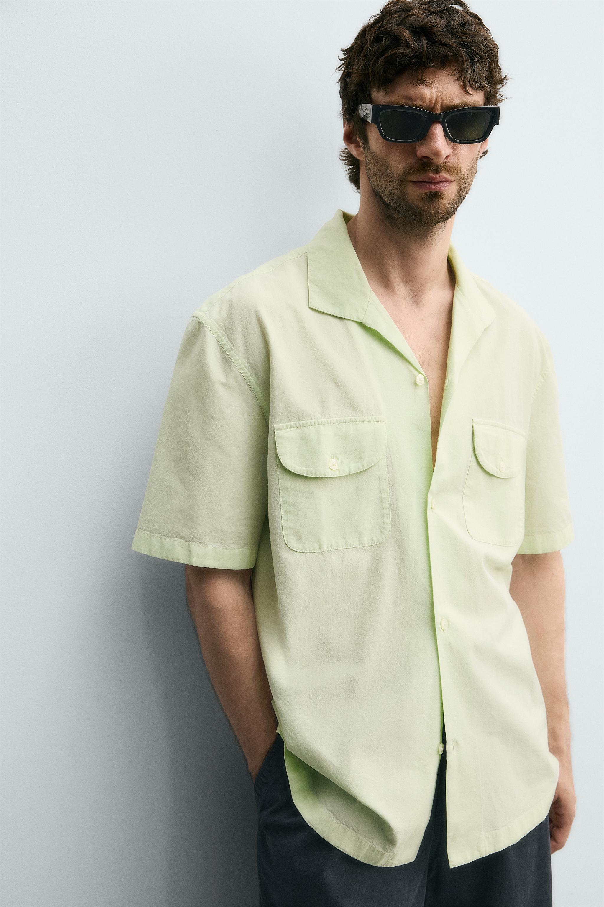 lime green short sleeve dress shirt Women's Z Supply Expedition Light Green Linen Blend Short Sleeve Button Down Top Shirt | Size: L