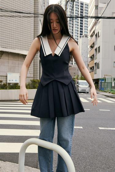 ボックスプリーツ ショートワンピースダークネイビーブルーZaraのボックスプリーツ ショートワンピース - ダークネイビーブルー 