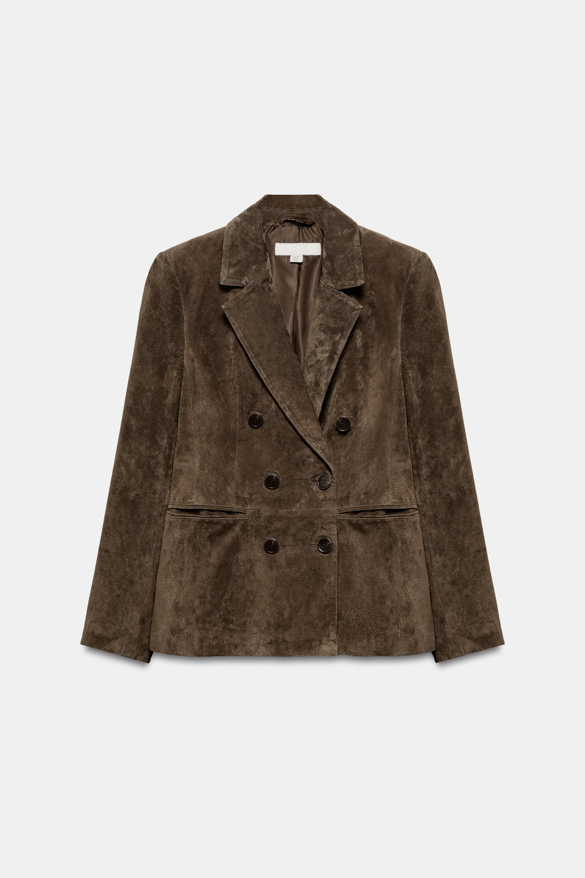 ダブルブレスト仕様100%スエードレザーブレザー - カーキ | ZARA Japan