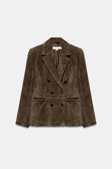 100% LEATHER SUEDE DOUBLE-BREASTED BLAZER - Khaki by Zara - Image 6