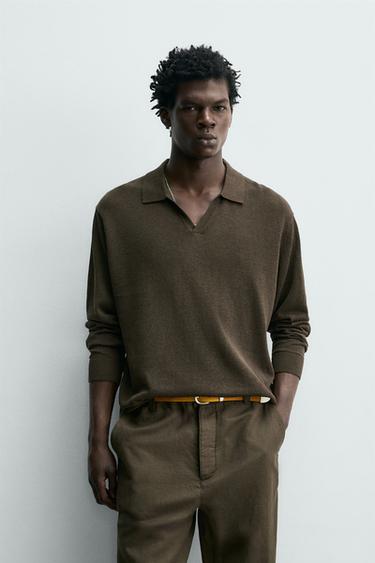 COTTON-SILK KNIT POLO SHIRT - Chocolate by Zara