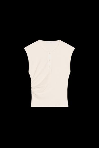 RIBBED BUTTON-UP TOP - Ecru by Zara - Image 0