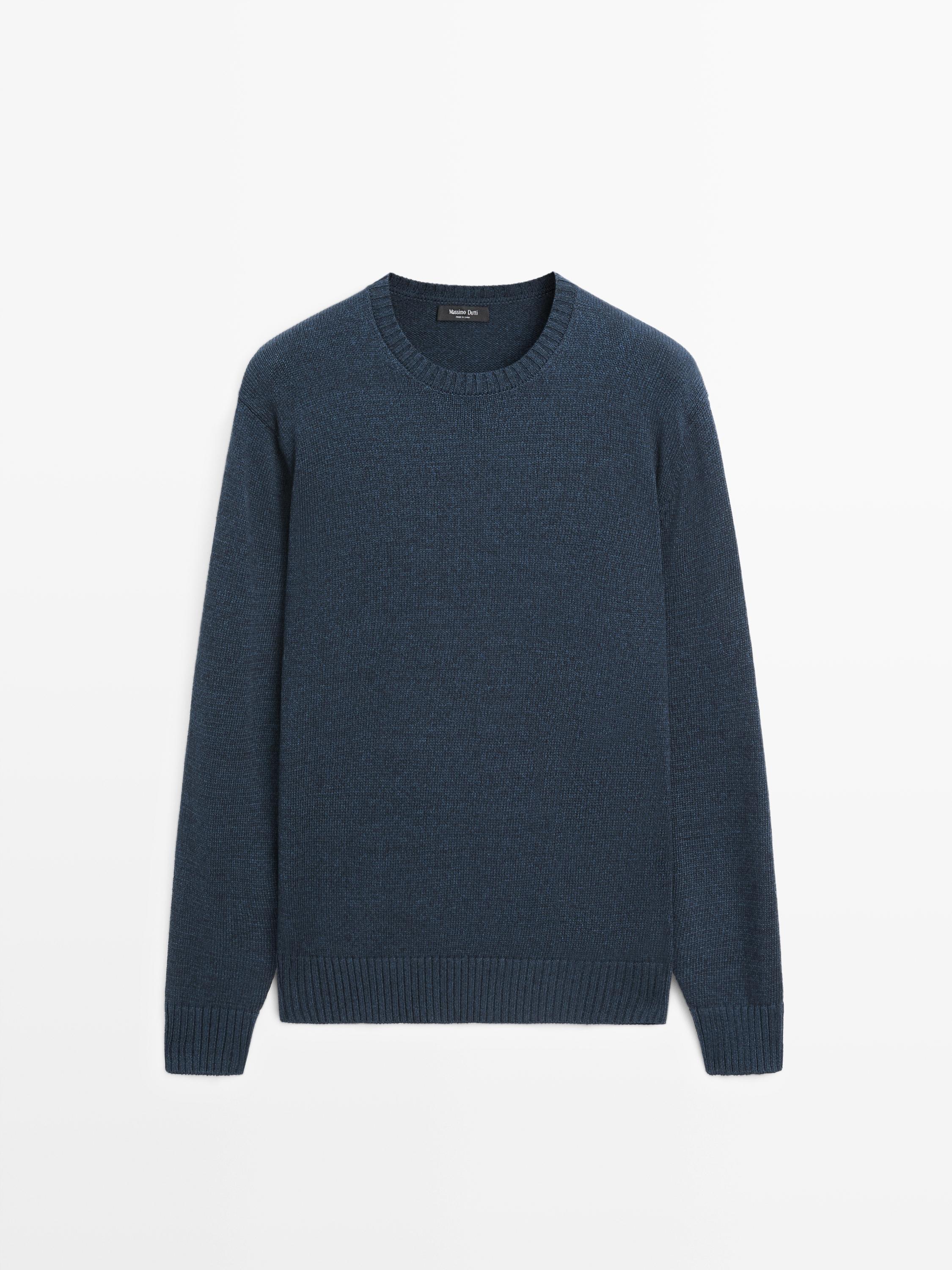 Denim-effect crew neck knit sweater