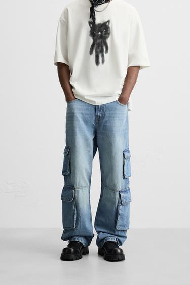 CARGO POCKET DENIM TROUSERS - Mid-blue by Zara