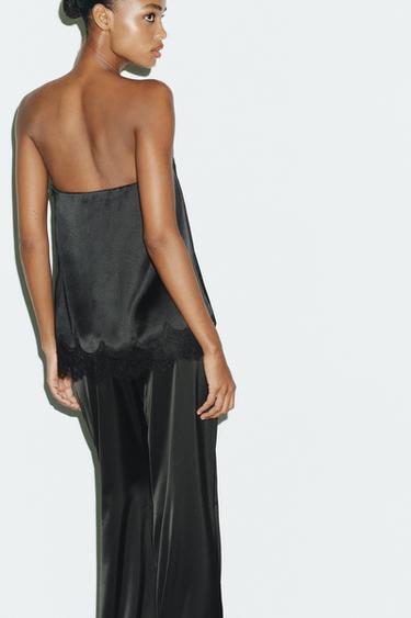 SATIN TOP WITH LACE TRIM - Black by Zara - Image 3