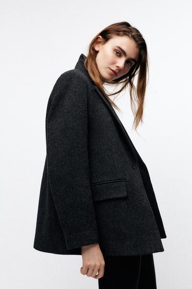 Zara STRAIGHT CUT WOOL BLEND HERRINGBONE BLAZER - Anthracite Gray