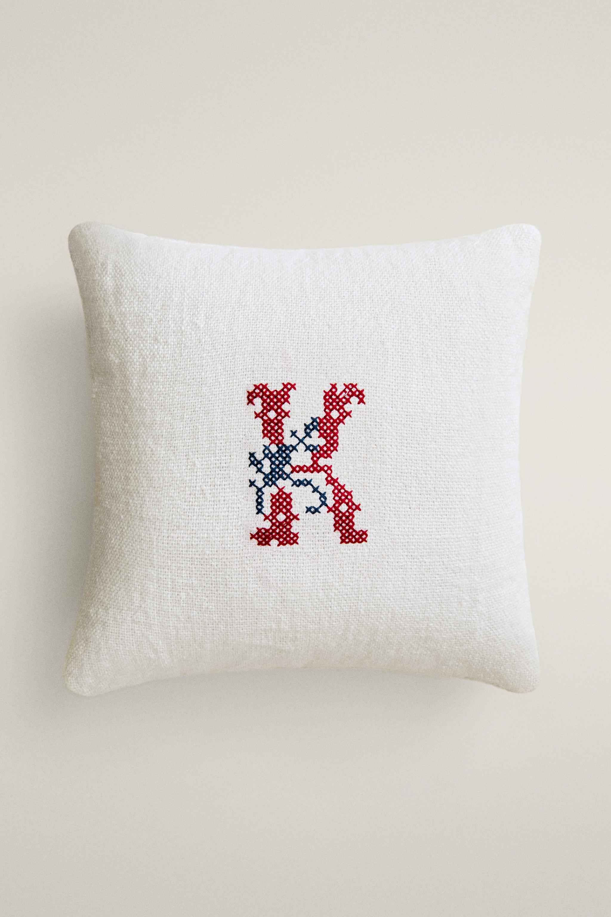 LETTER K EMBROIDERED LINEN CUSHION — Ecru