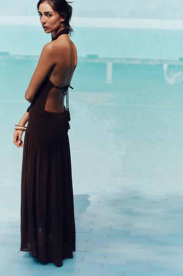 Zara SMOCKED HALTER DRESS - Brown