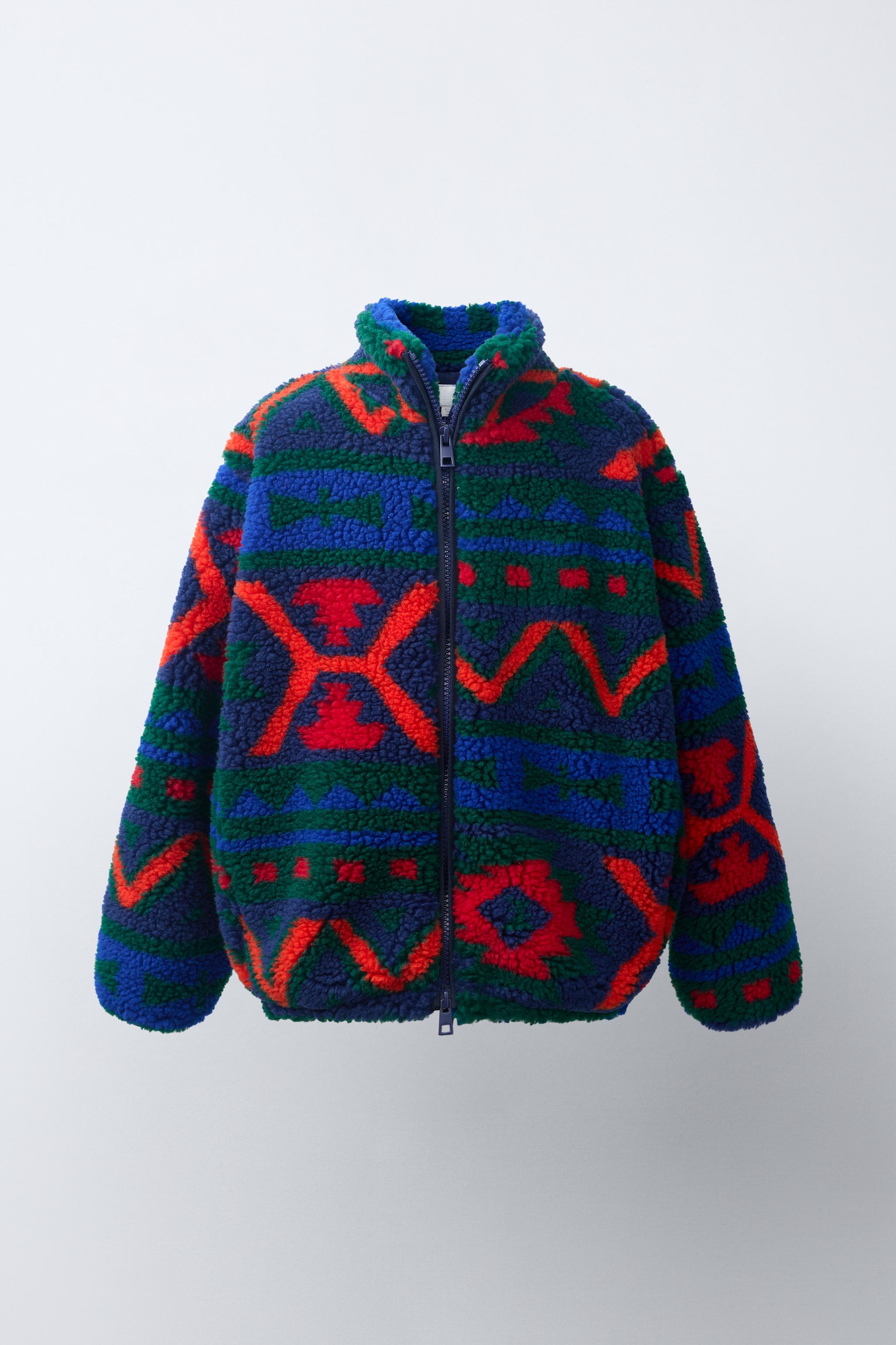 GEOMETRIC PRINT FAUX SHEARLING JACKET — Multicolored