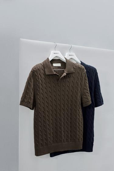 Zara TEKSTURISANA POLO MAJICA SA PLETENICAMA – čokolada