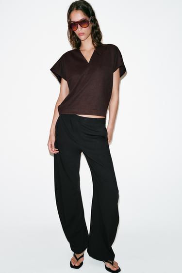 RUSTIC V-NECK T-SHIRT - Chocolate by Zara