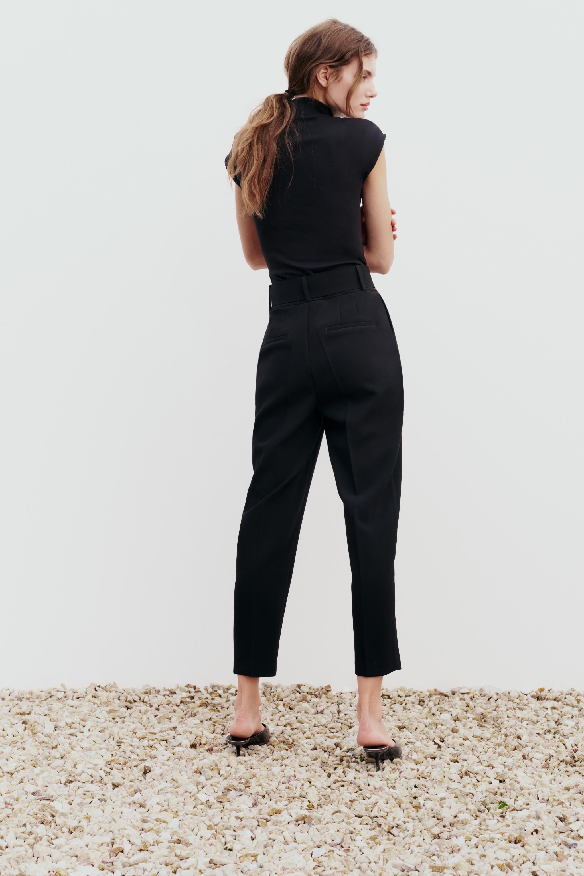 Zara Women Belted Faux Leather Pants Black 4387/063