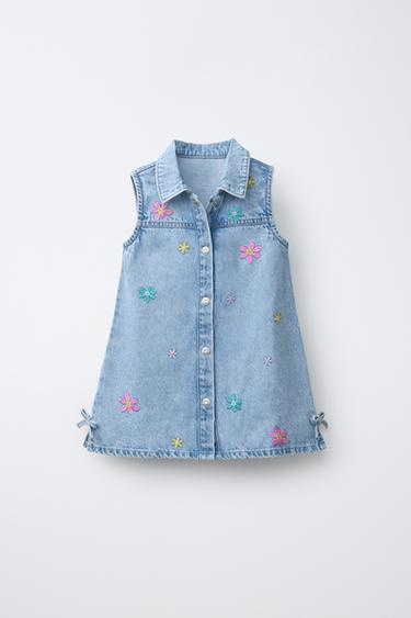DENIM DRESS WITH EMBROIDERED FLOWERS - Blue by Zara