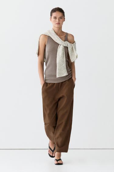 Pantalón detalle goma cintura lino - Visón vigoré de Zara - Imagen 0