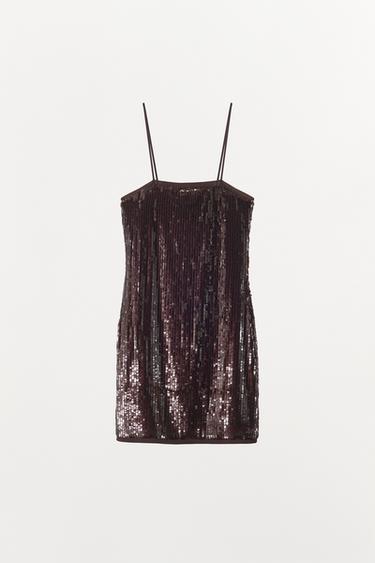 VESTIDO CORTO LENTEJUELAS - Berenjena de Zara